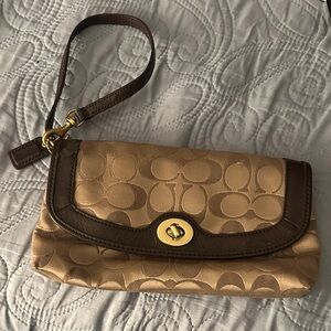 Coach Gold Signature Turnlock Wristlet with Brown Trim